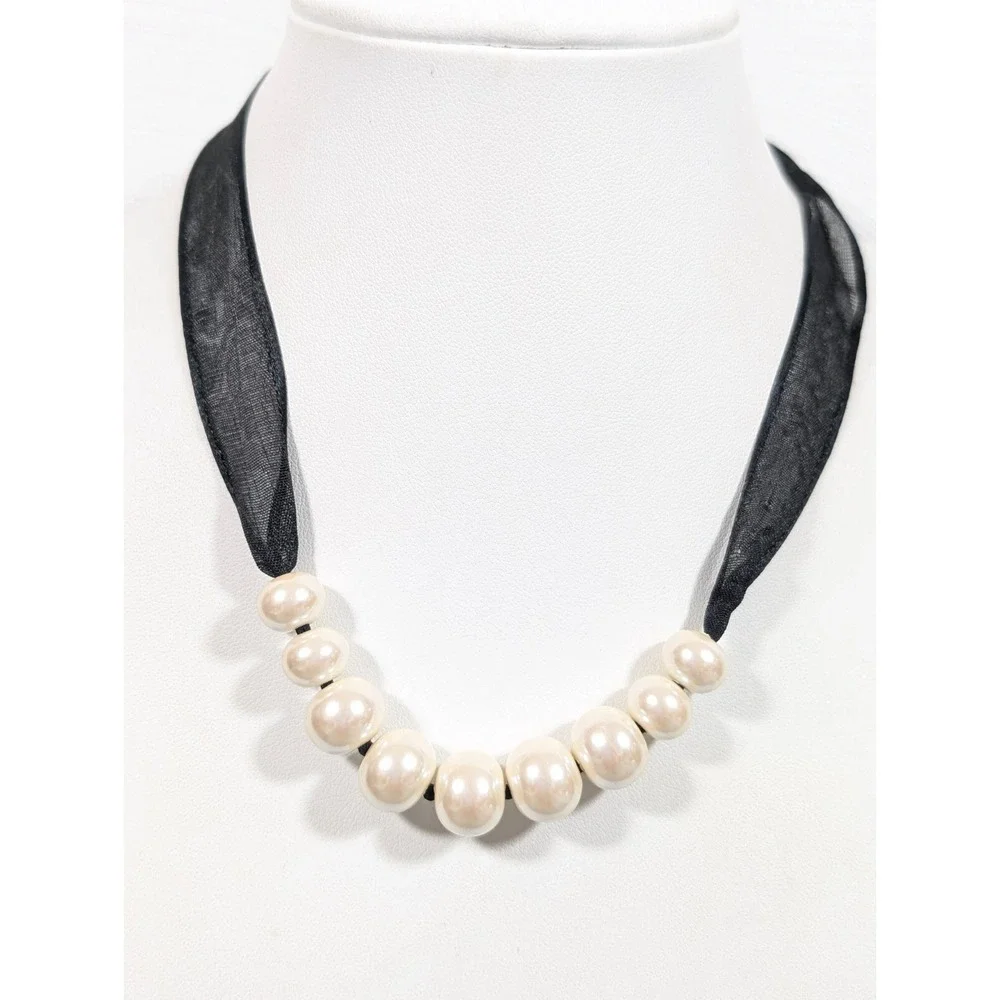 Retro Black Ribbon Choker Necklace Faux Pearl Charms 17‎ in